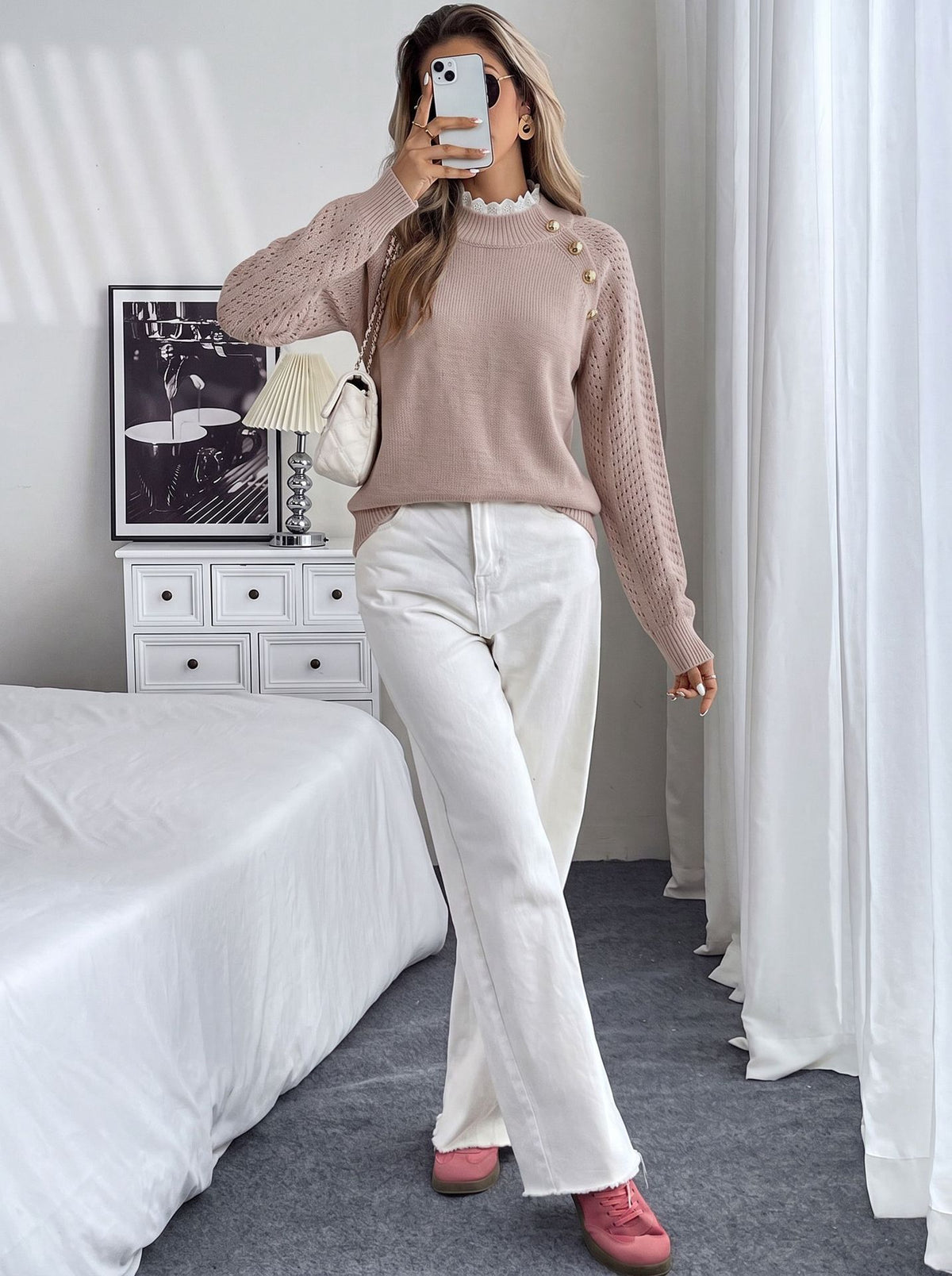 Rilla Lace-Trim Pointelle Button Sweater