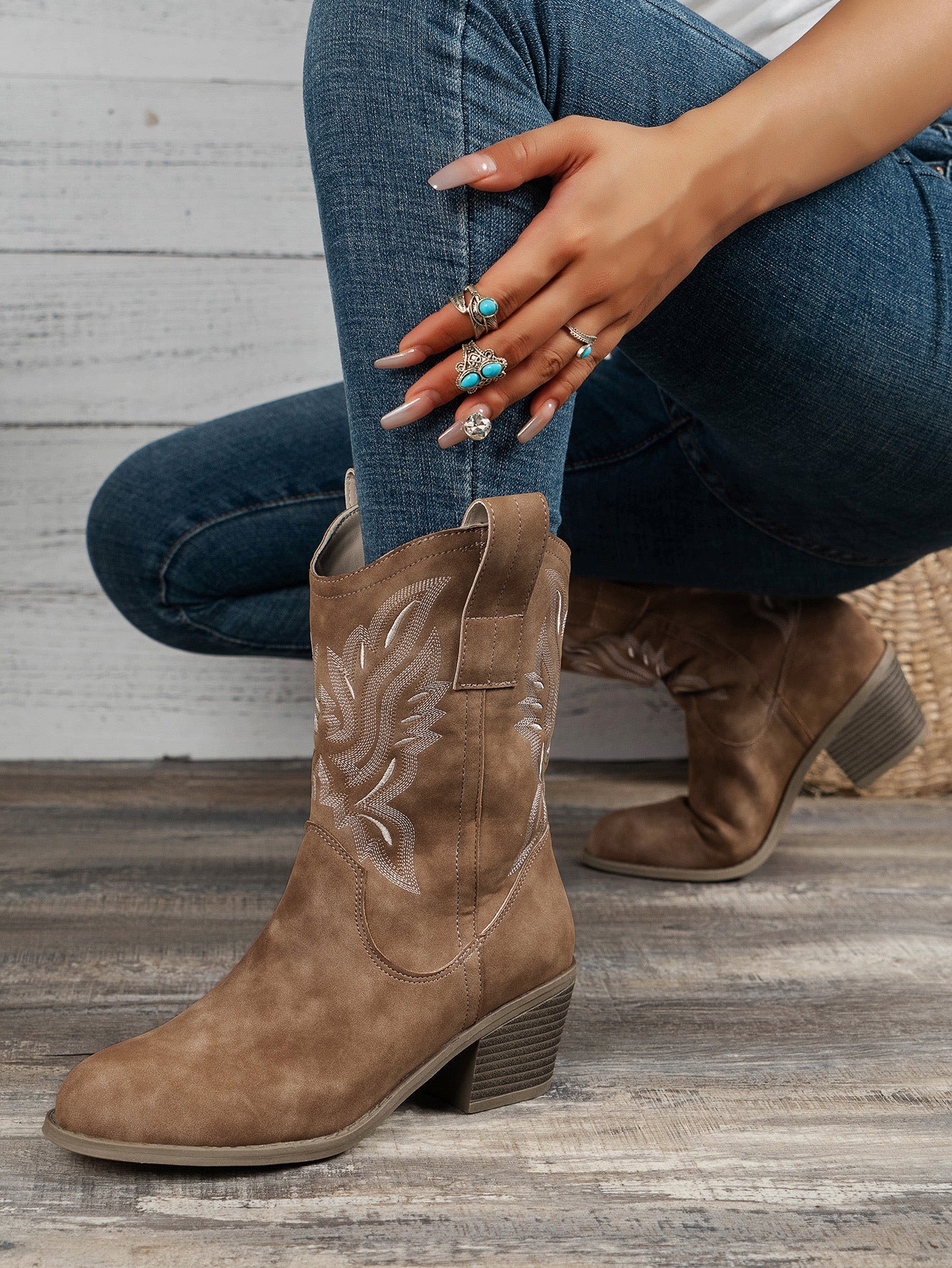 Margo & Main – embroidered mid-calf western boots, front view, US women's sizes