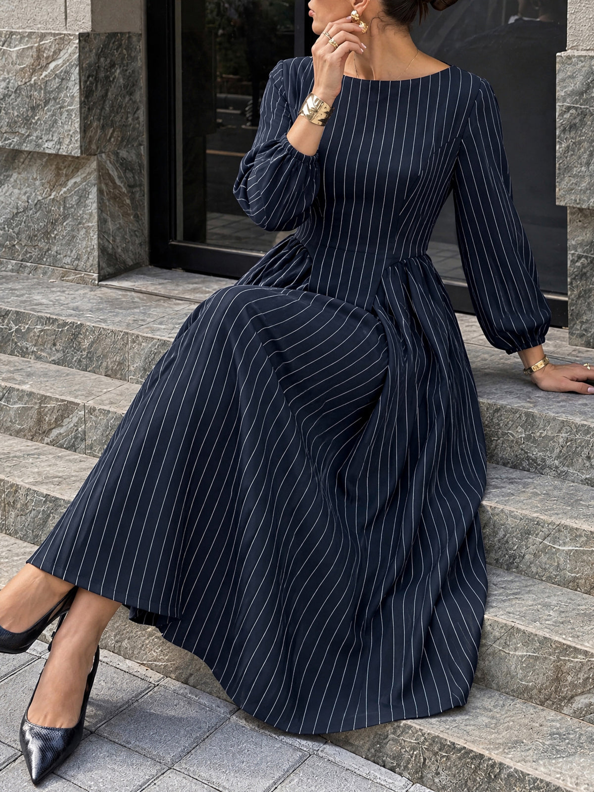 Gudrun Pinstripe Long Sleeve Maxi Dress