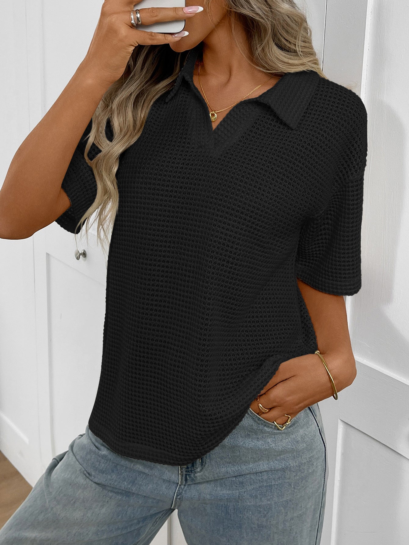 Mabel Textured Knit Polo Top