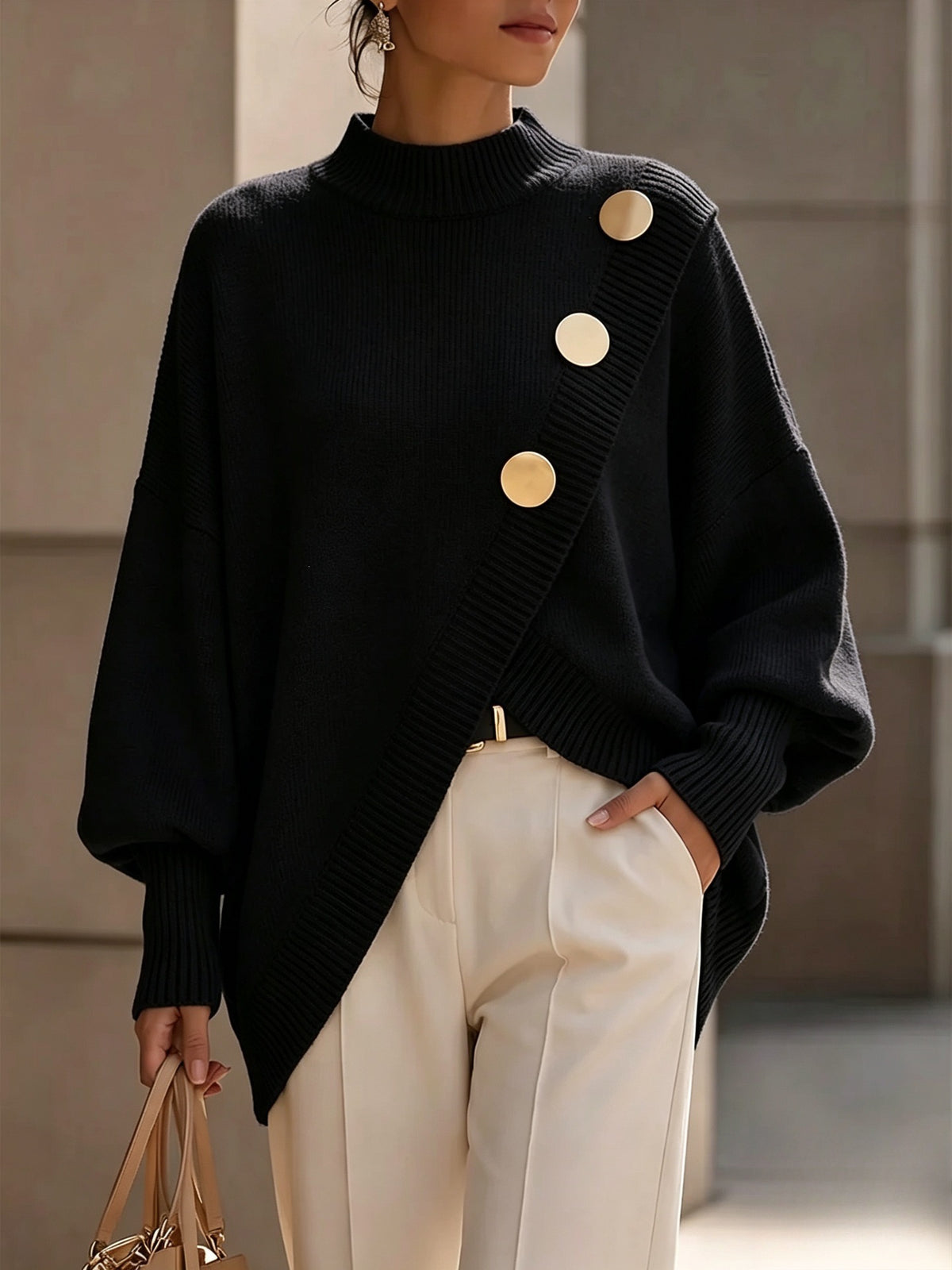 Winifred Asymmetric Button Mock Neck Sweater
