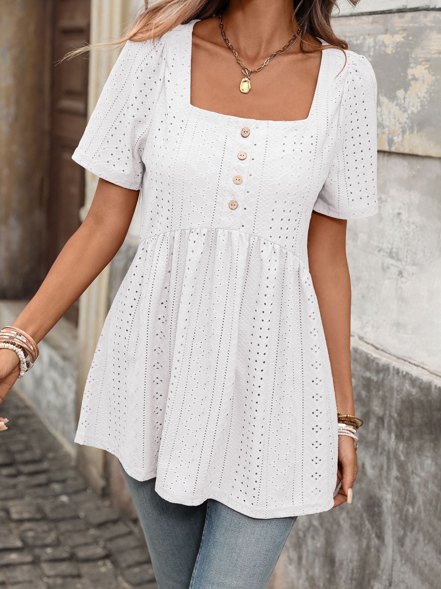 Margo & Main – eyelet square-neck peplum tunic, additional view 13, US women's sizes