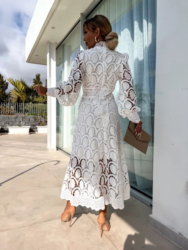 Nanna Crochet Lace Mock Neck Midi Dress