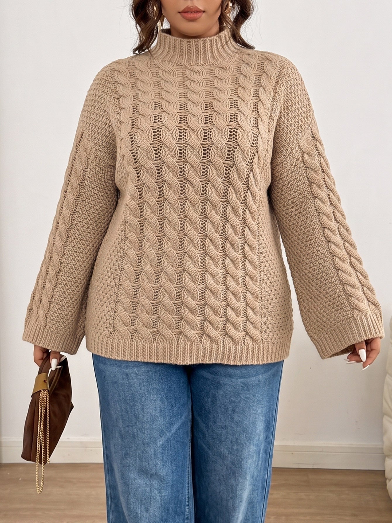Margo & Main - camel chunky cable knit sweater, styled outfit lifestyle shot, US women's sizes