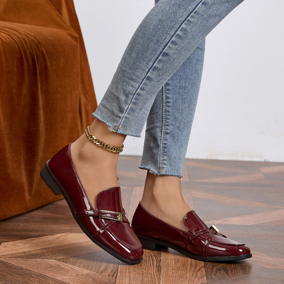 Margo & Main – Burgundy Patent Square Toe Bar Loafers gold bar and vamp detail, US women's sizes