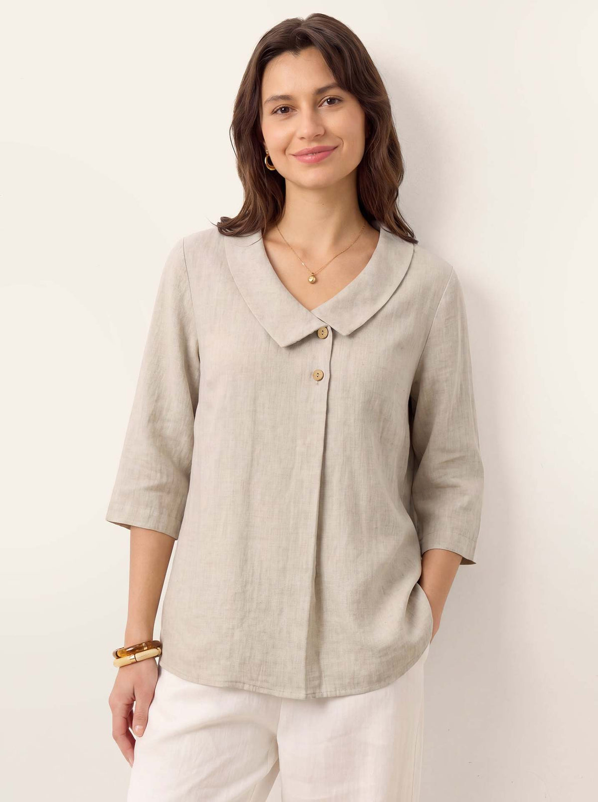 Margo & Main – Bettina apricot tunic blouse, draped collar front view, US women's sizes