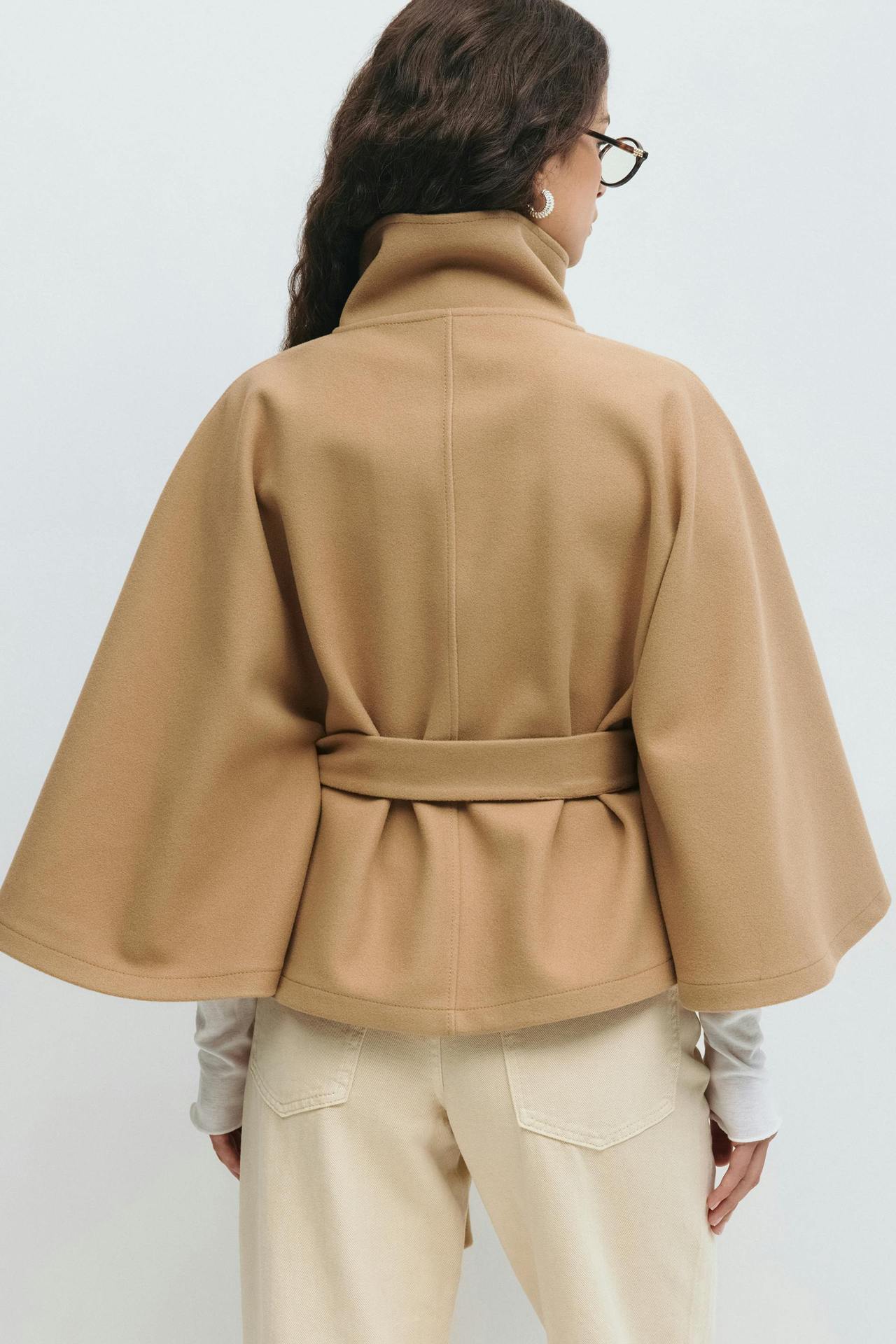 Margo & Main – Anneke camel button-front belted cape coat, back view showing the rear belt, US women's sizes