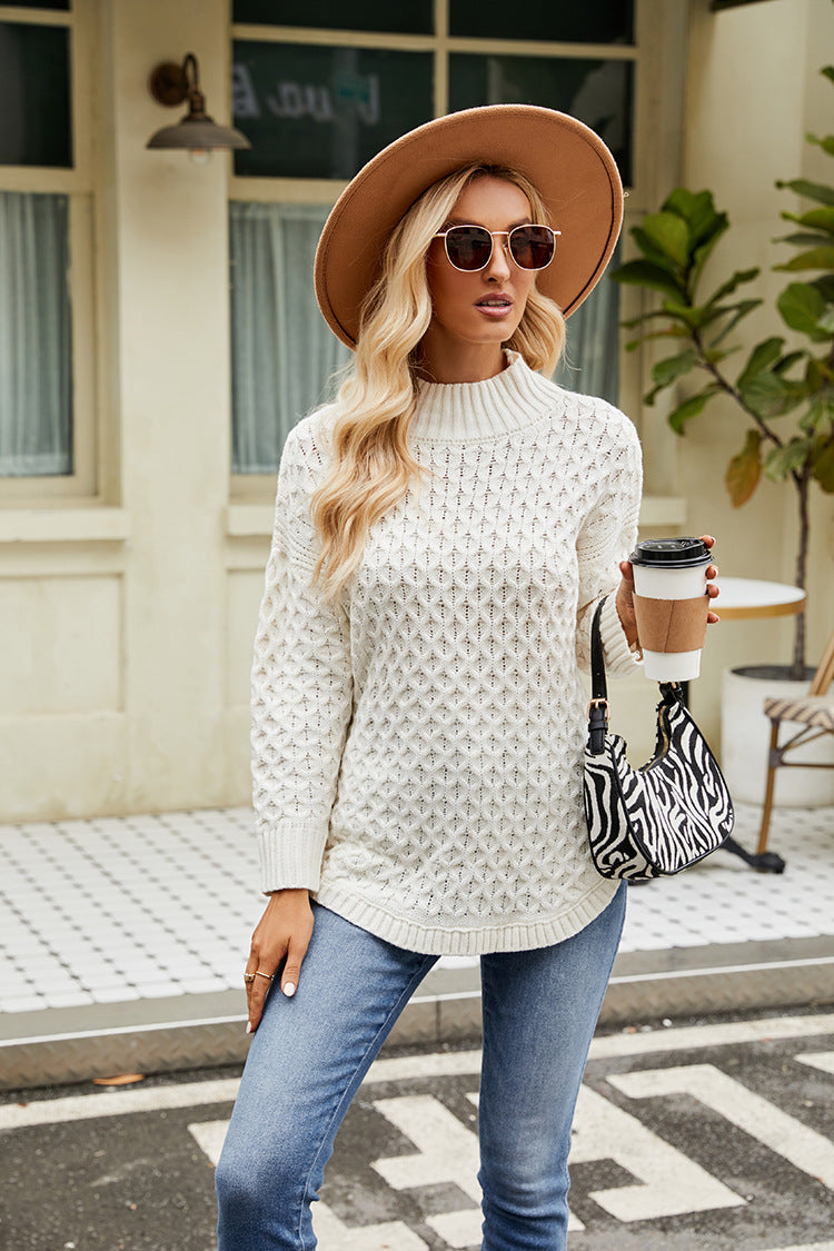 Margo & Main – textured mock neck tunic sweater, styled view, US women's sizes
