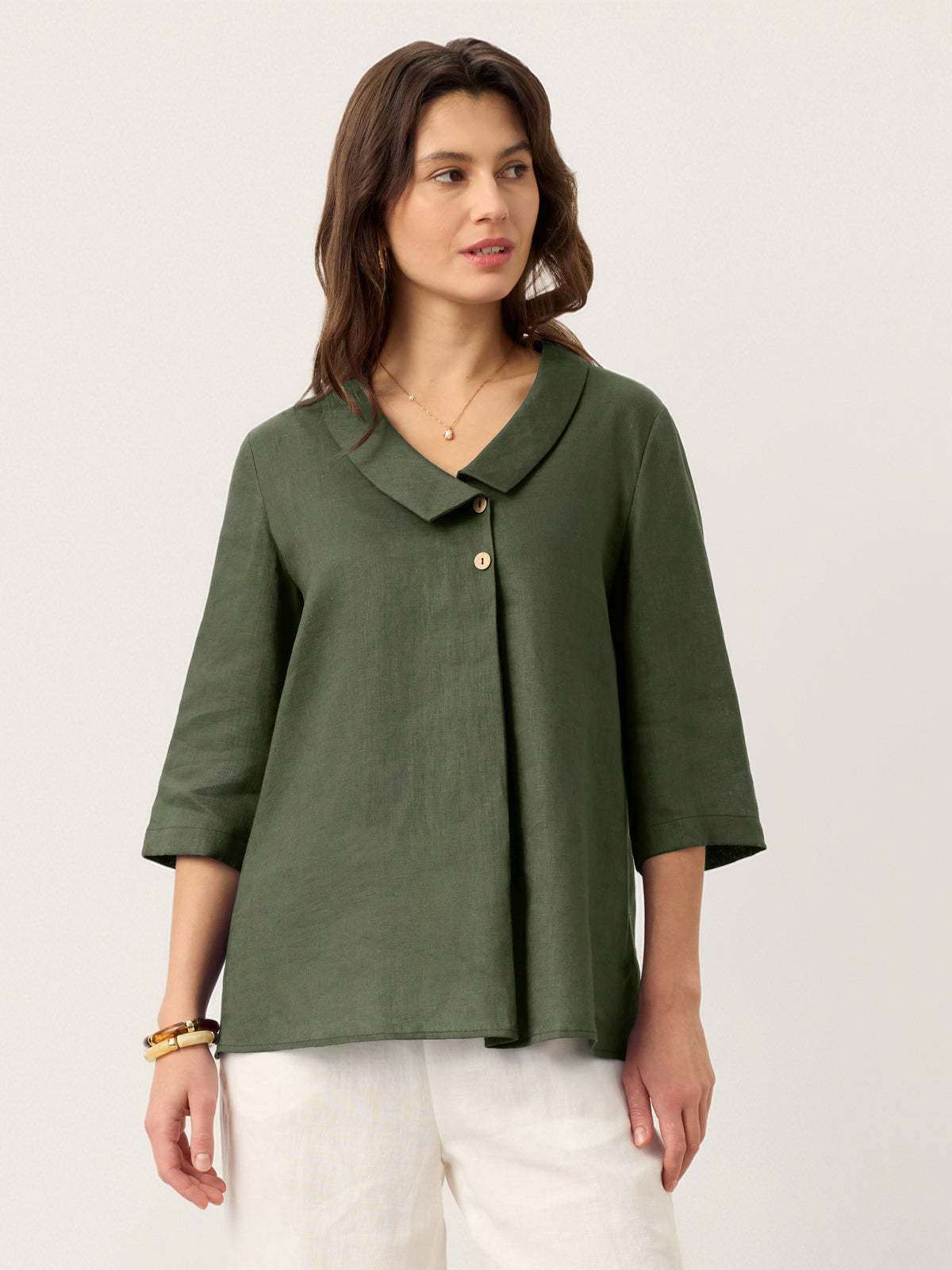 Margo & Main – Bettina olive green tunic blouse, three quarter sleeve view, US women's sizes