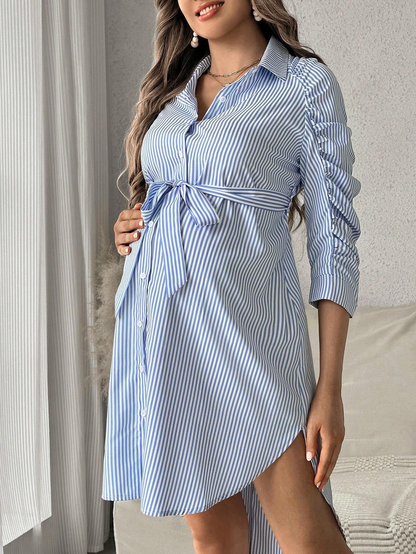 Lucille Maternity Striped Tie-Waist Shirt Dress