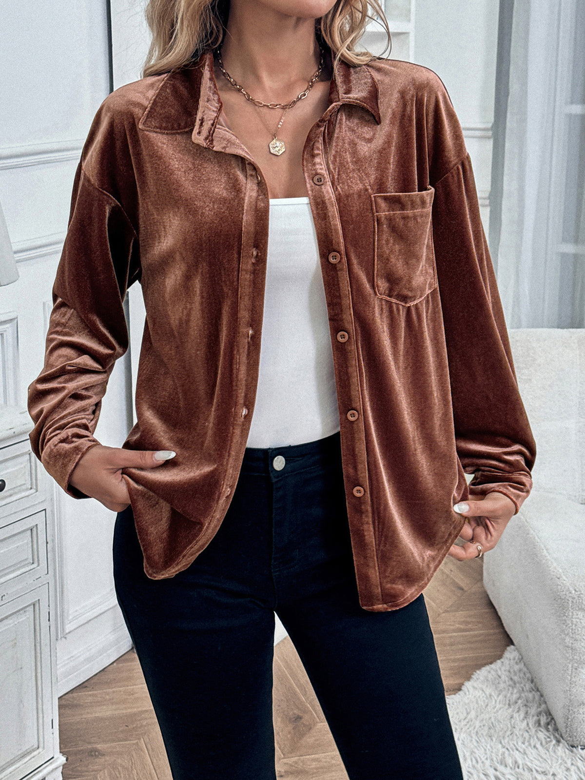 Margo & Main brown velvet button-front shirt — front view worn open over a white tank, US women's sizes