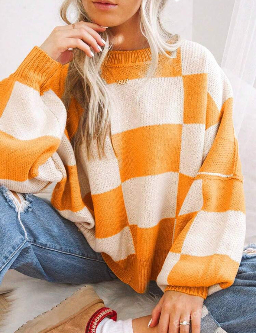 Margo & Main – checkerboard oversized crew sweater, fabric detail, US women's sizes