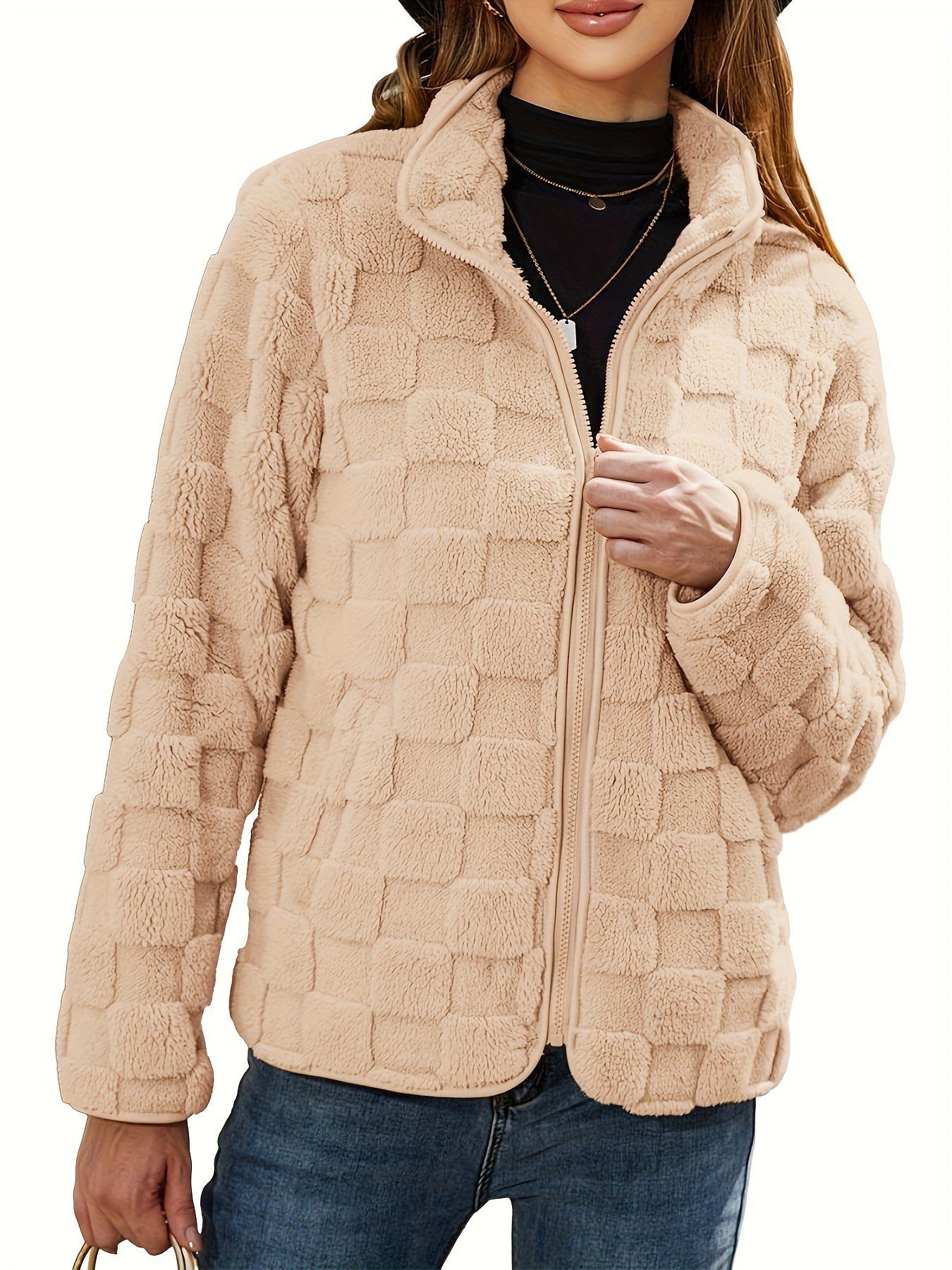 Margo & Main – checkered fleece zip-up jacket, side view, US women's sizes