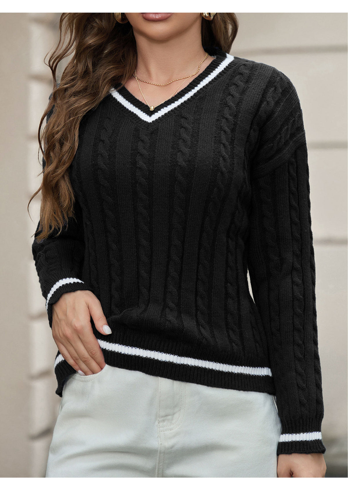 Morwenna Tipped Cable Knit V-Neck Sweater