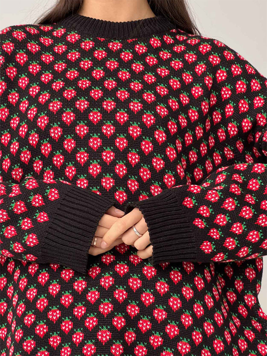 Alodie Strawberry Jacquard Crew Neck Sweater