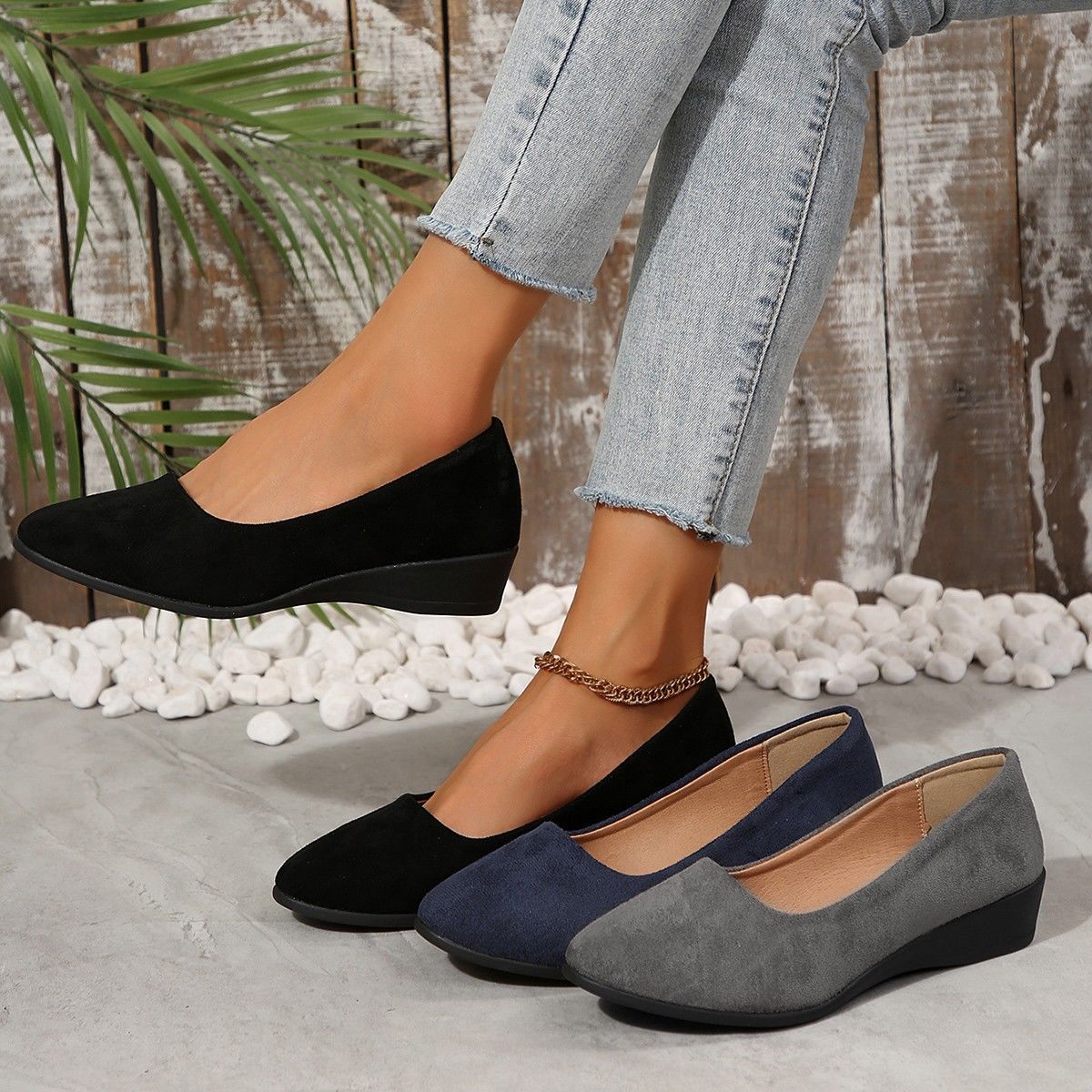 Margo & Main - black navy and gray pointed-toe wedge flats colour lineup, US women's sizes