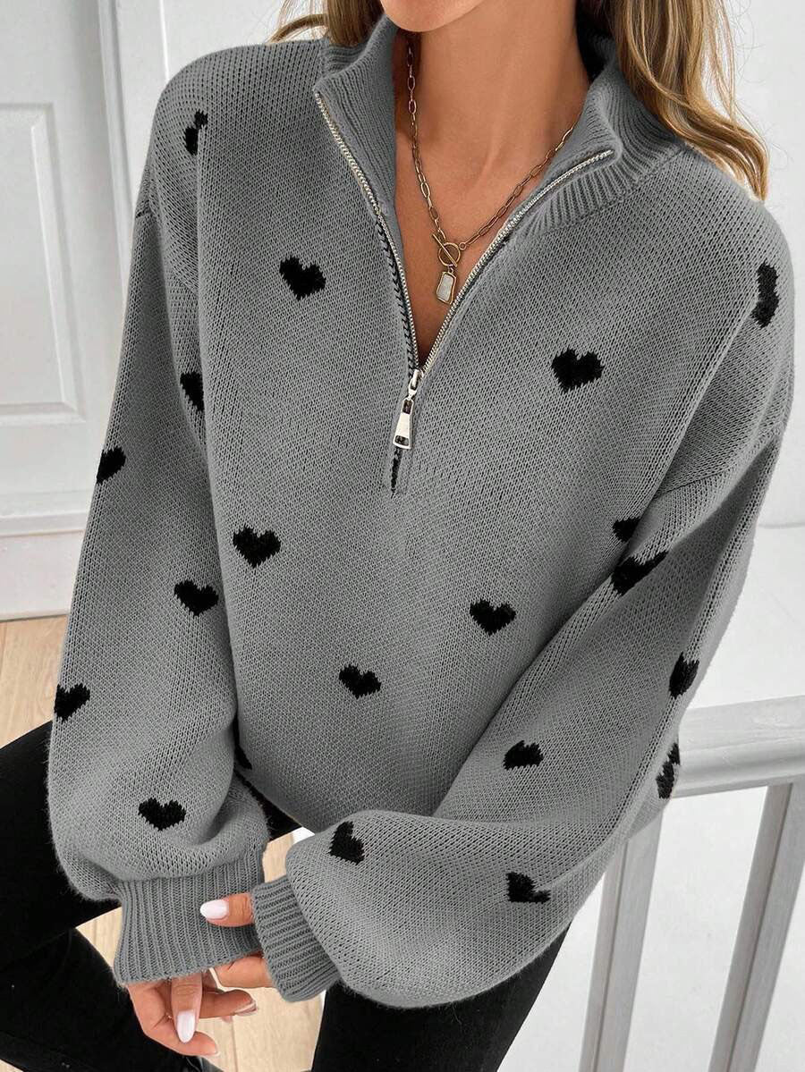 Margo & Main – heart print quarter-zip sweater, fabric detail, US women's sizes