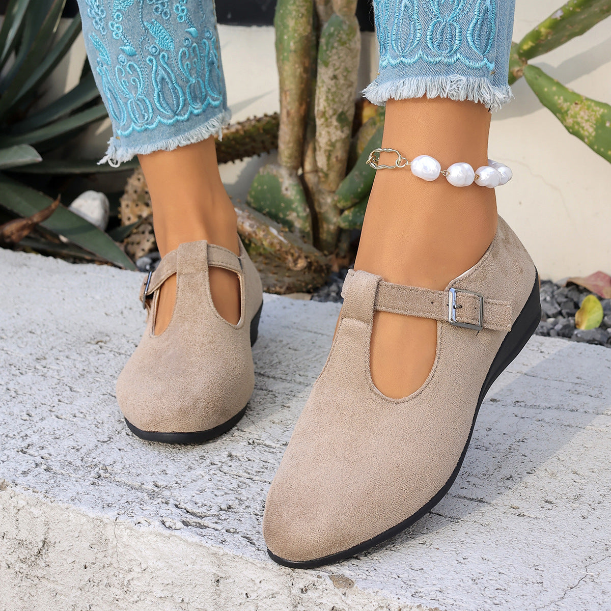 Margo & Main - beige suede T-strap wedge Mary Janes styled outdoors, US women's sizes