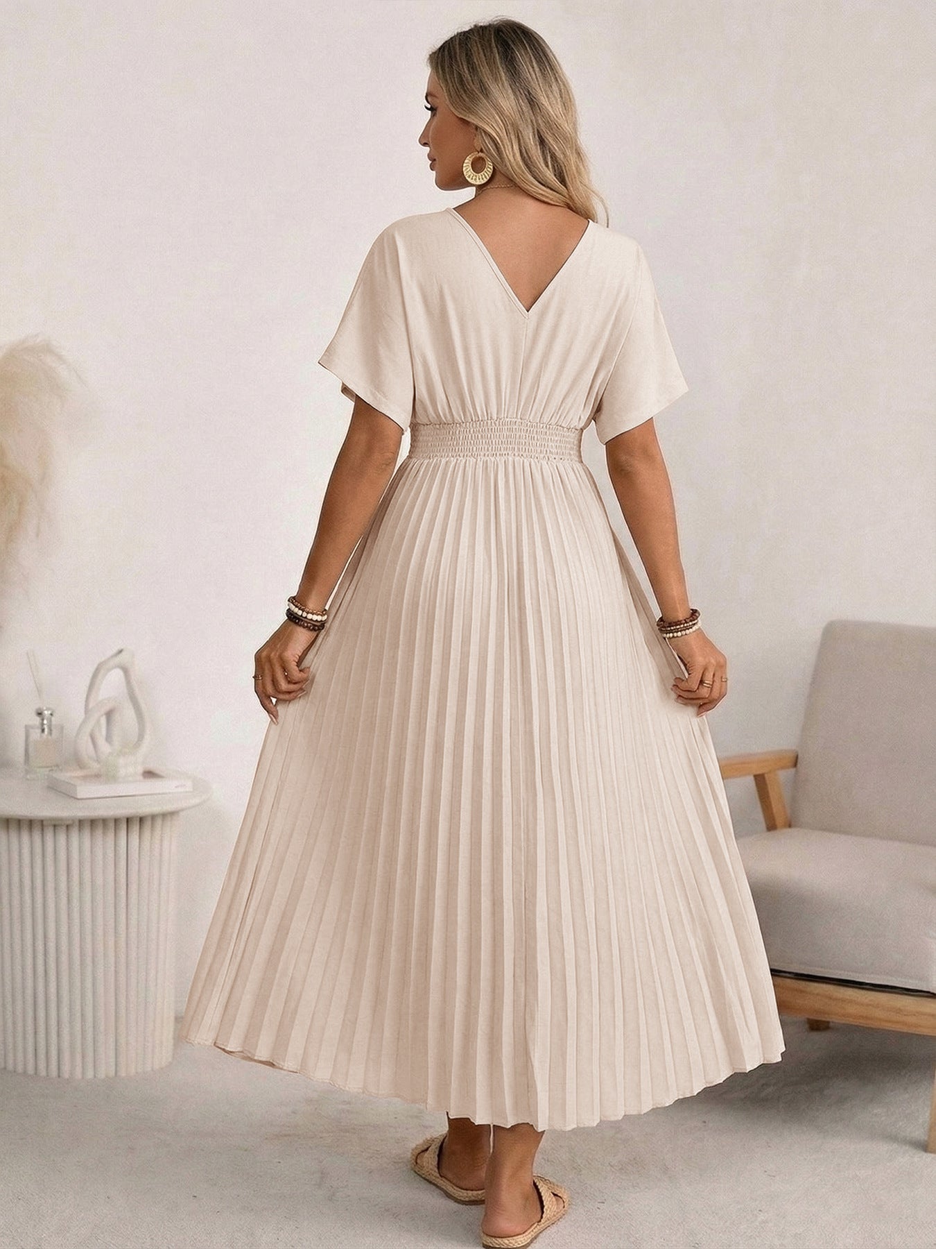 Margo & Main – cream pleated v-neck smocked maxi dress, detail view, US women's sizes