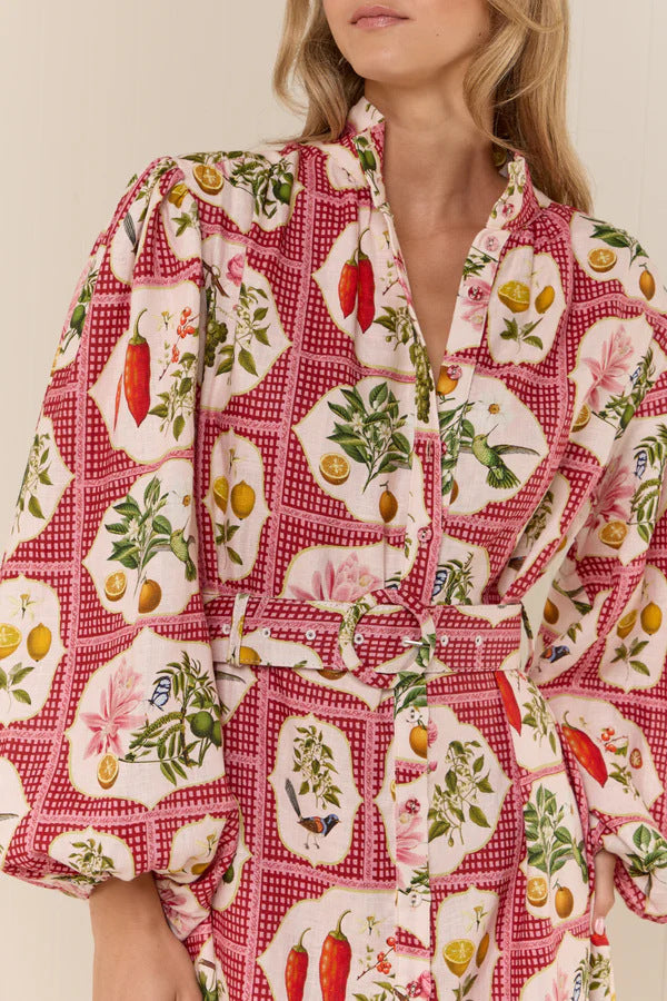 Rhoda Linen Floral Belted Shirt Dress