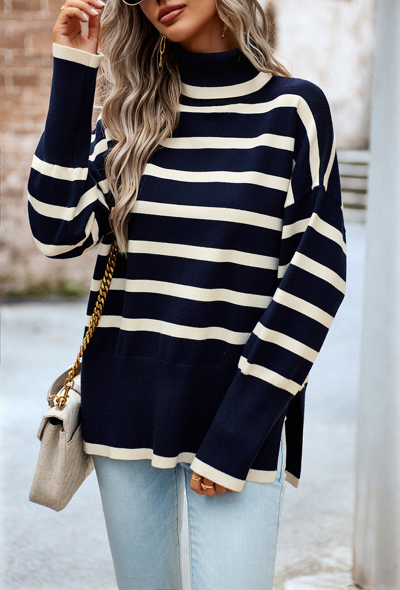 Elvie Striped Mock Neck Side-Slit Sweater