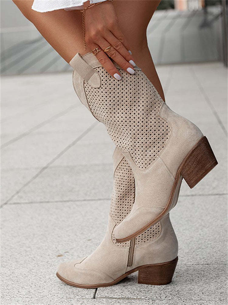 Margo & Main – tan perforated suede western boots, fabric detail, US women's sizes