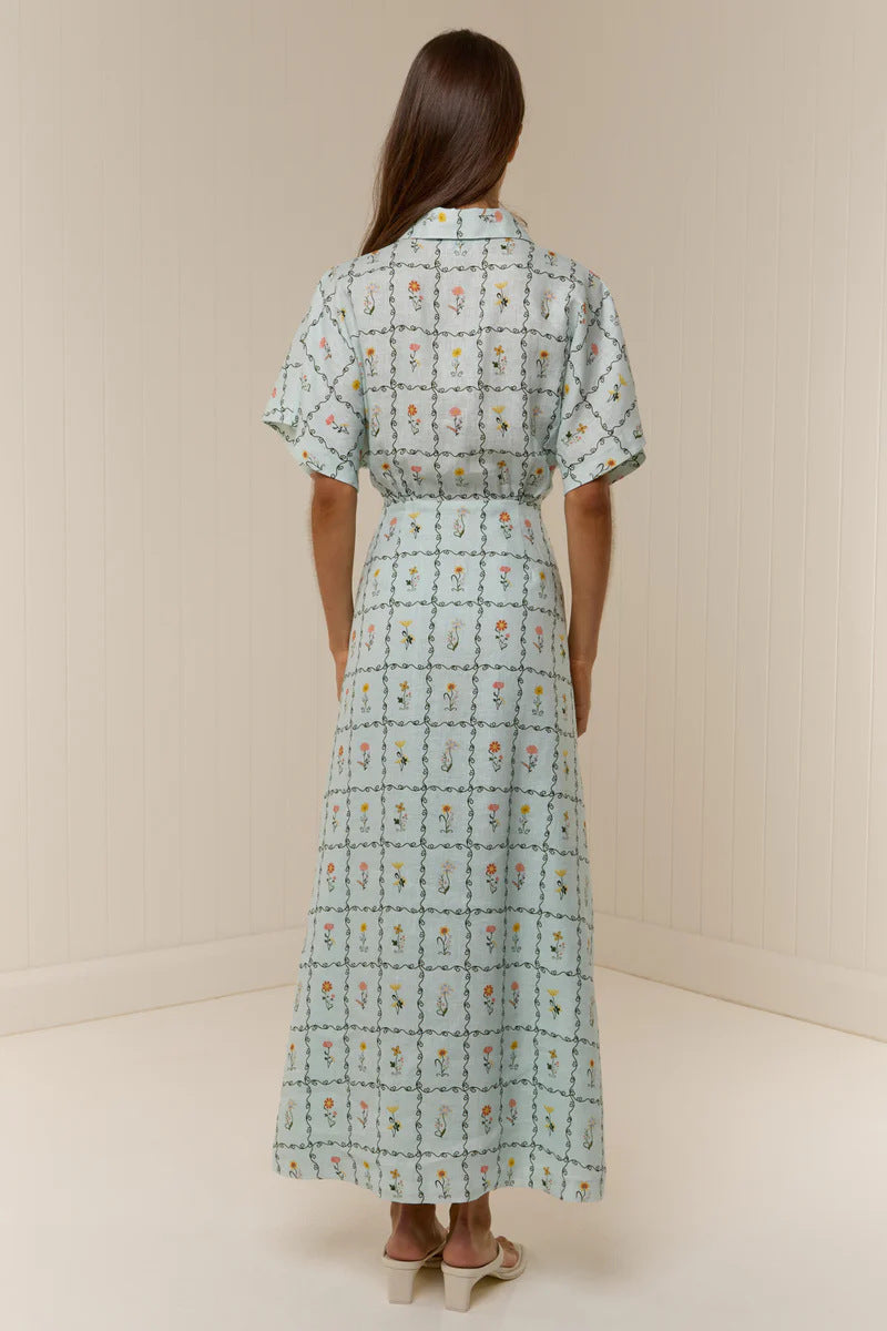 Margo & Main – linen floral collared maxi dress, worn view, US women's sizes