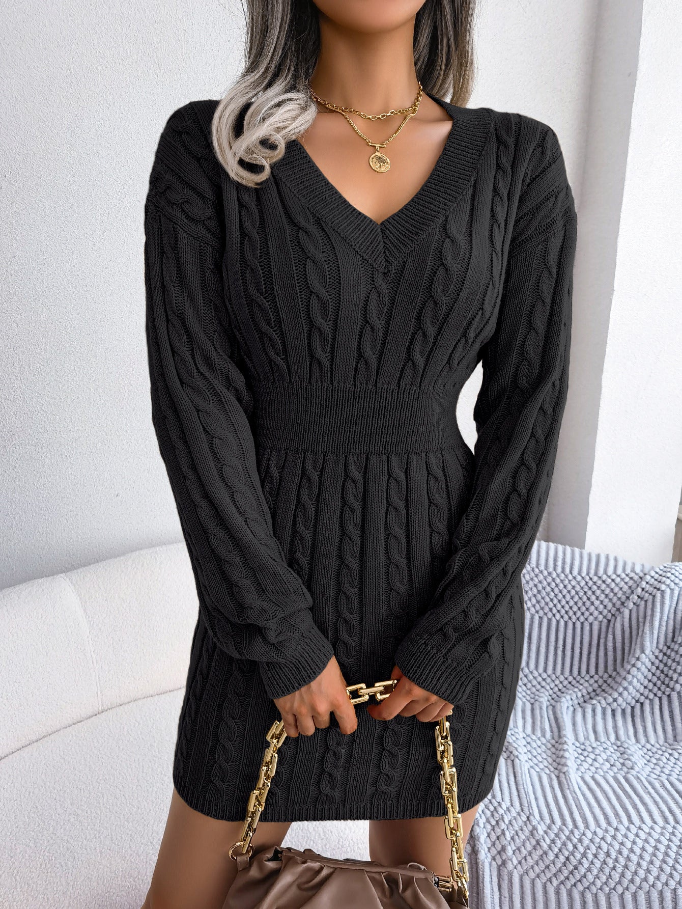 Margo & Main – cable-knit smocked-waist sweater dress, full length view, US women's sizes