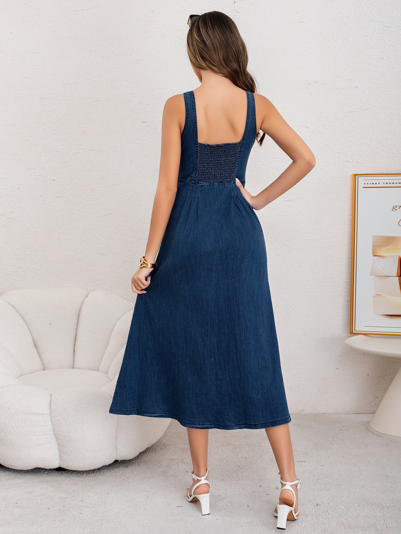 Margo & Main – blue button-front denim midi dress, close-up view, US women's sizes