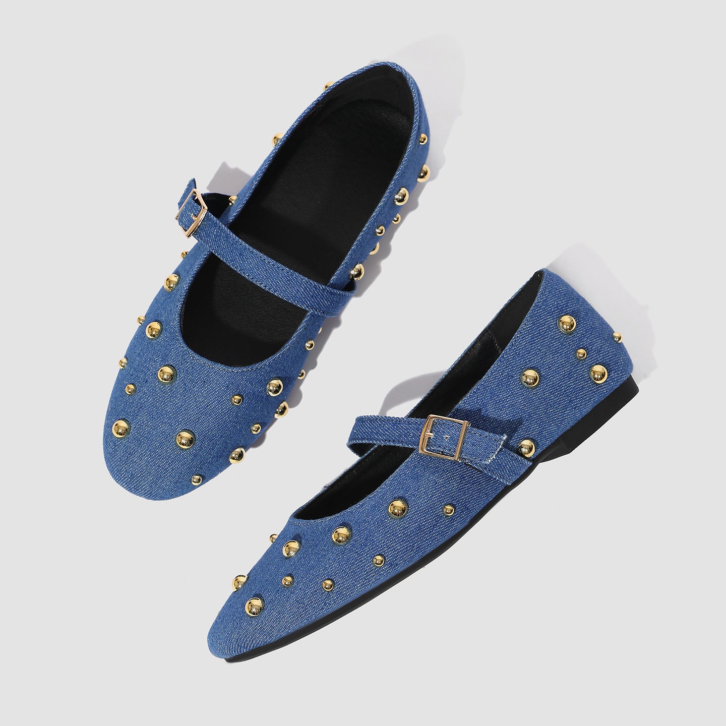 Margo & Main – denim blue mary jane flats, both shoes seen from above, US women's sizes