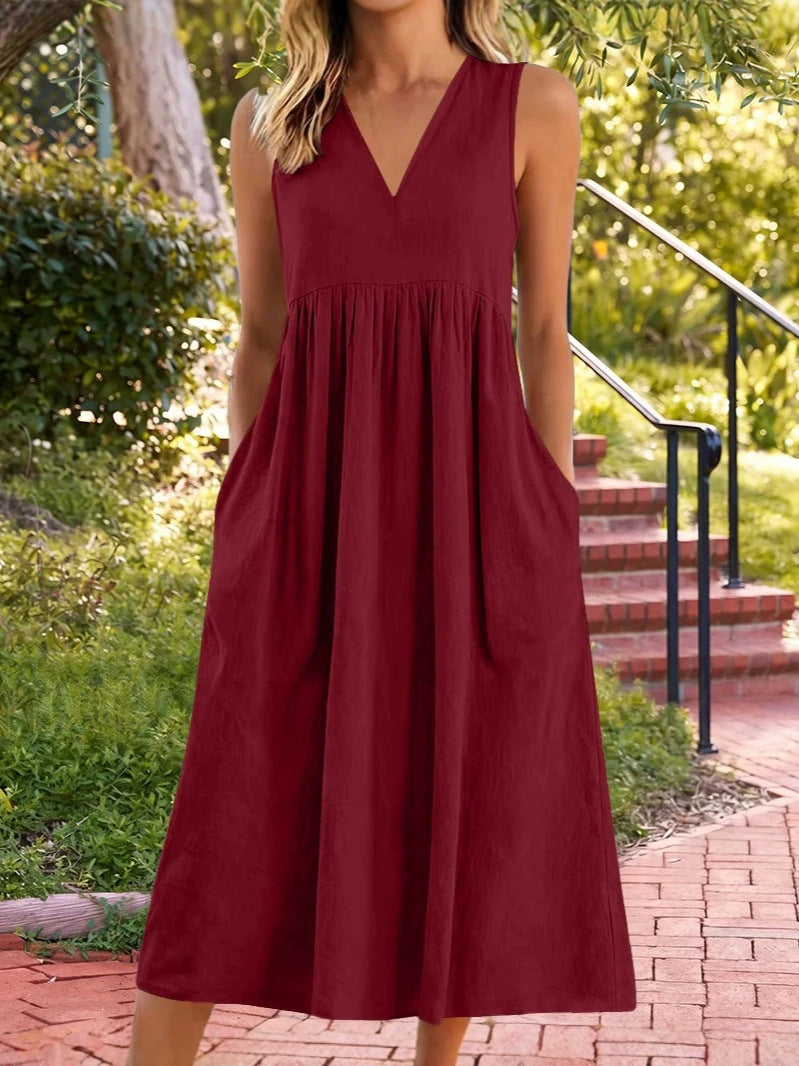 2026 Spring/Summer Cross-Border European and American Amazon Cotton Linen Casual V-Neck Sleeveless Solid Color Mid-Length Dress with Workwear Pockets