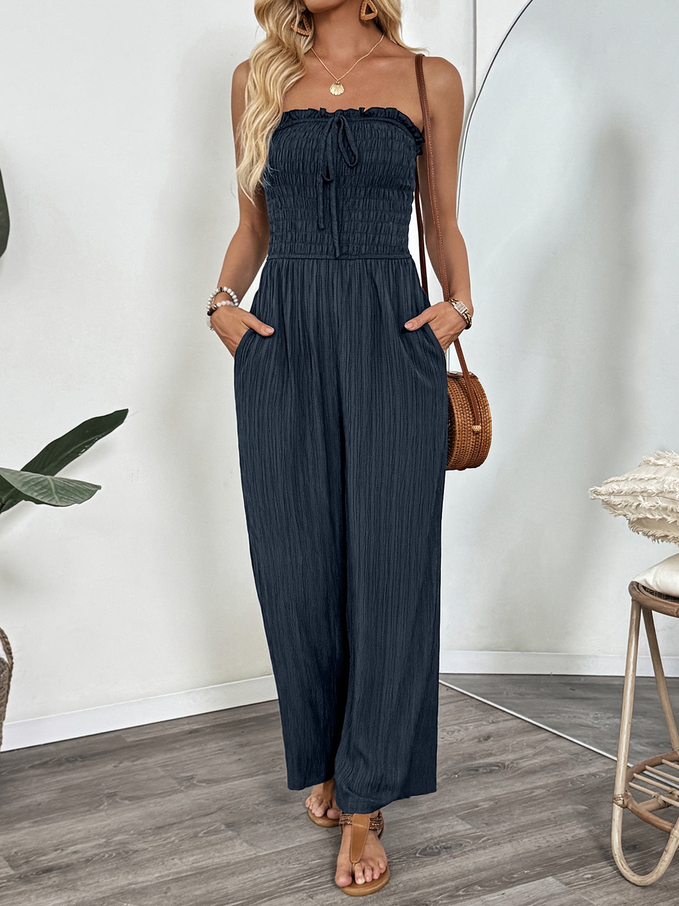 Cheryl Strapless Smocked Wide Leg Jumpsuit