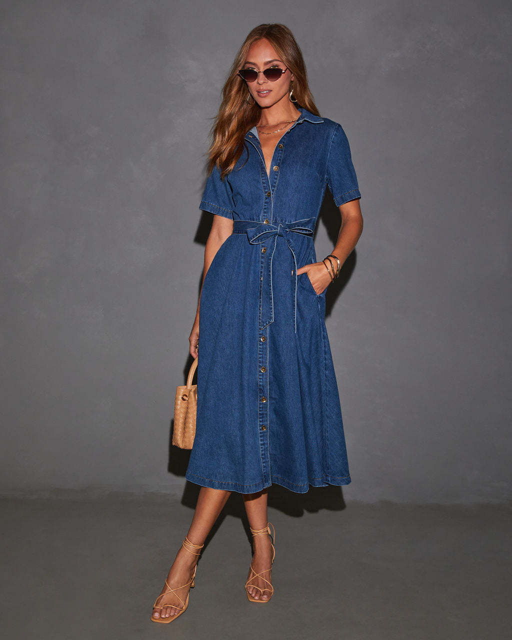 Margo & Main – blue belted denim midi shirt dress, front view, US women's sizes
