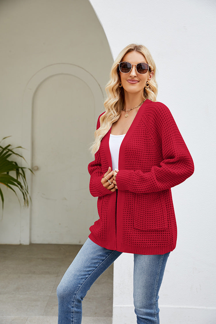 Margo & Main – waffle knit open front cardigan, back view, US women's sizes