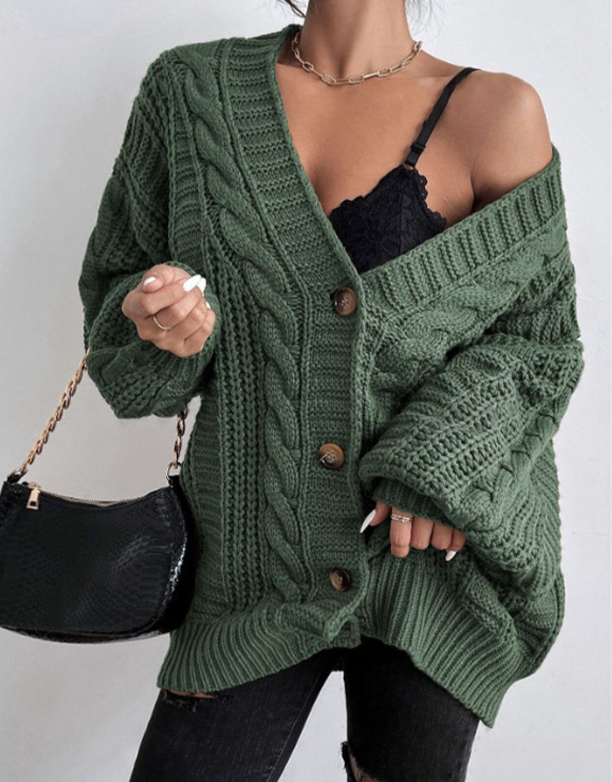 Idonea Chunky Cable Knit Lantern Sleeve Cardigan