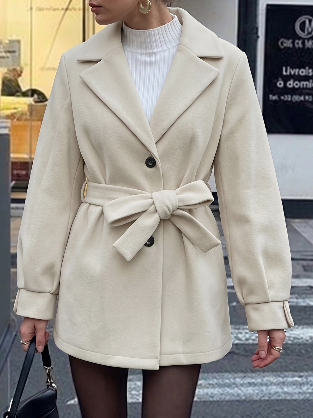 Margo & Main cream wool blend belted short coat — front view with notch lapels and tie belt