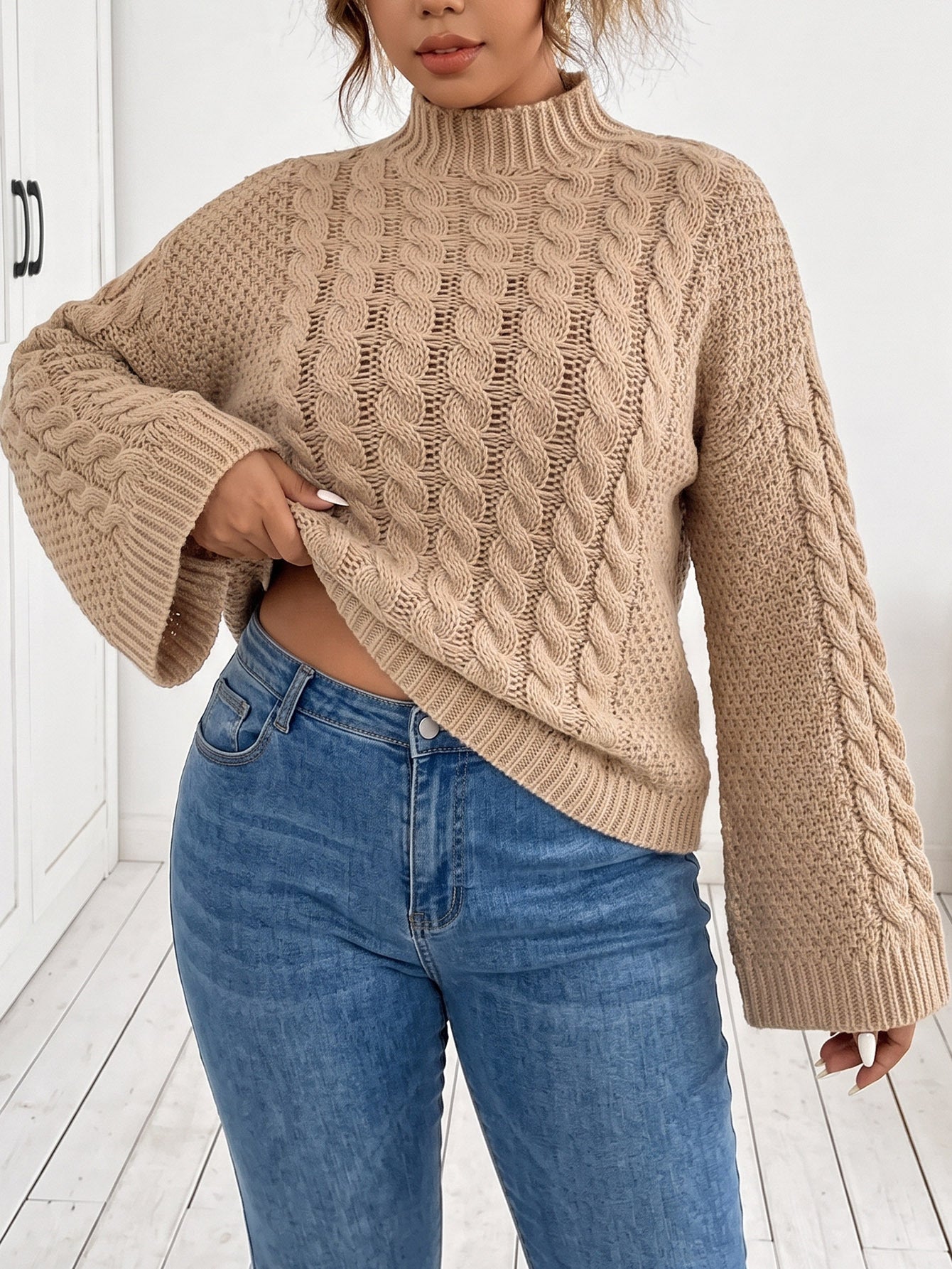Margo & Main - camel chunky cable knit sweater for women, back view on model, US women's sizes