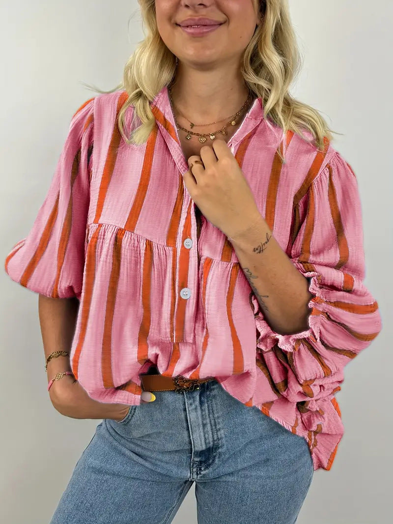 Margo & Main – Pink striped puff sleeve blouse, worn with jeans, US women's sizes