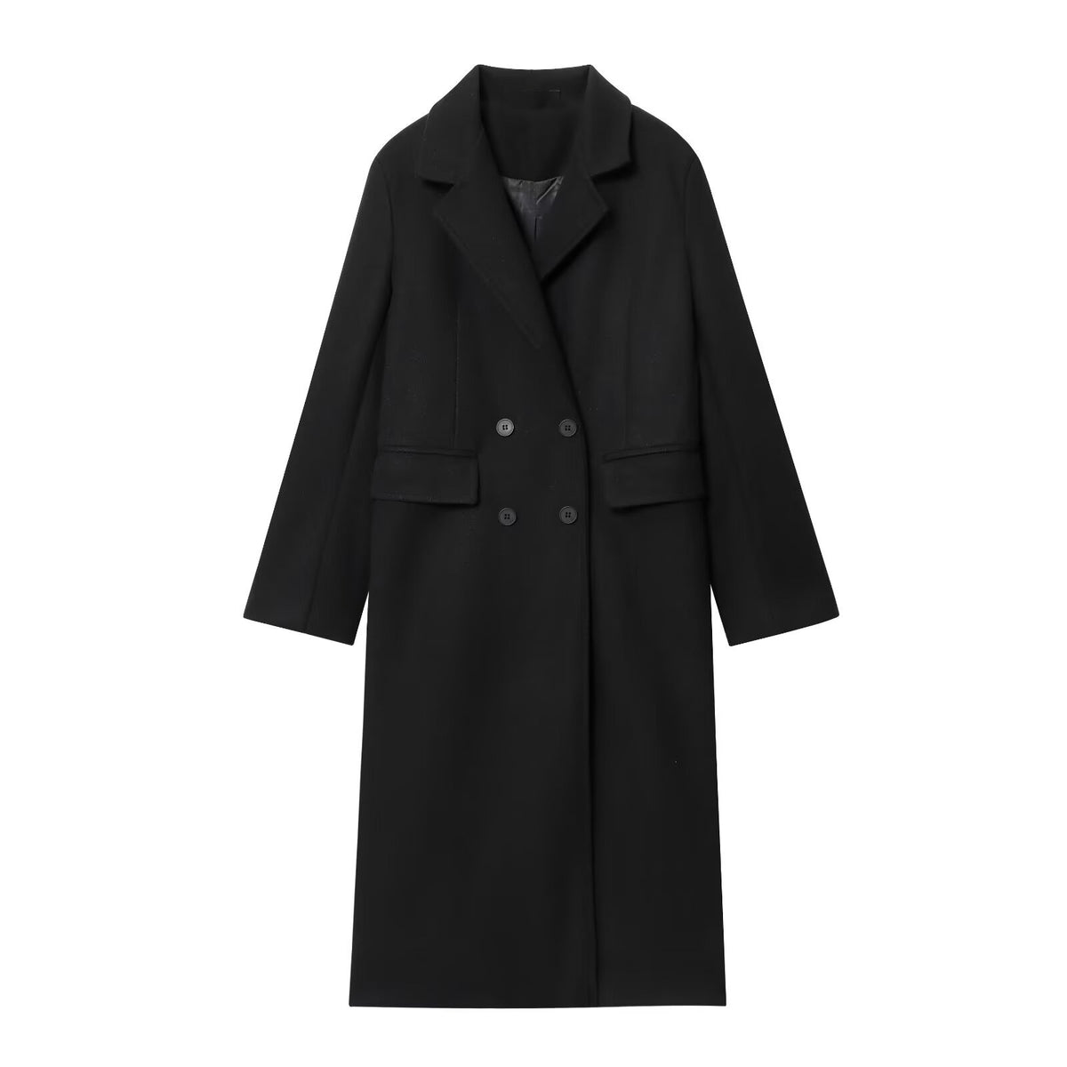 Margo & Main – Esme black double-breasted longline wool coat, flat product shot front, US women's sizes