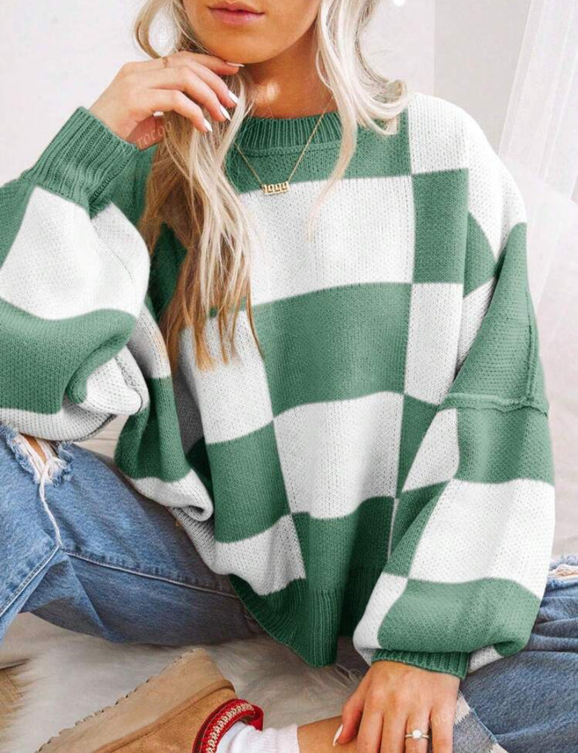 Margo & Main – checkerboard oversized crew sweater, worn view, US women's sizes