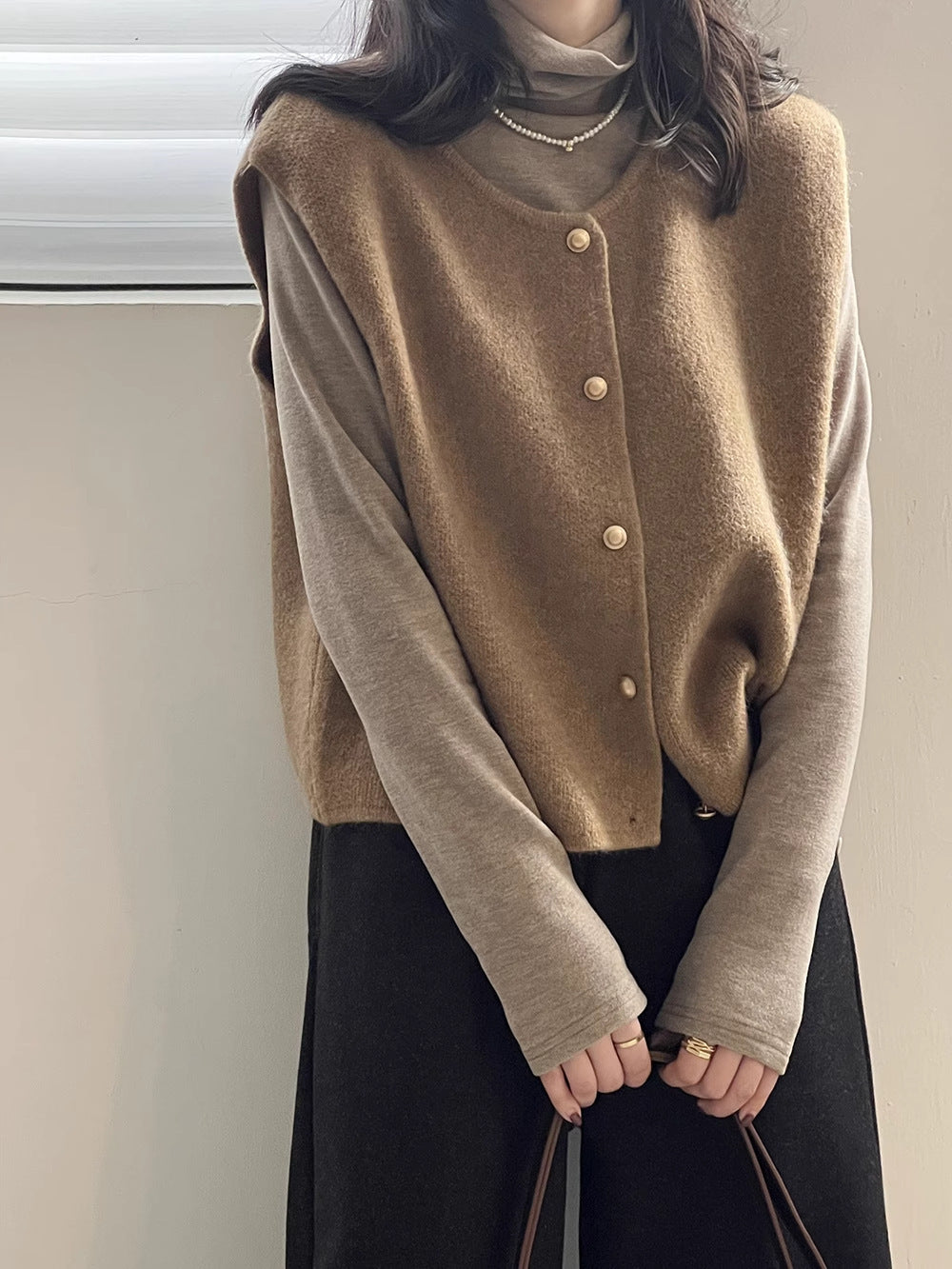Margo & Main – button-front knit sweater vest, worn view, US women's sizes
