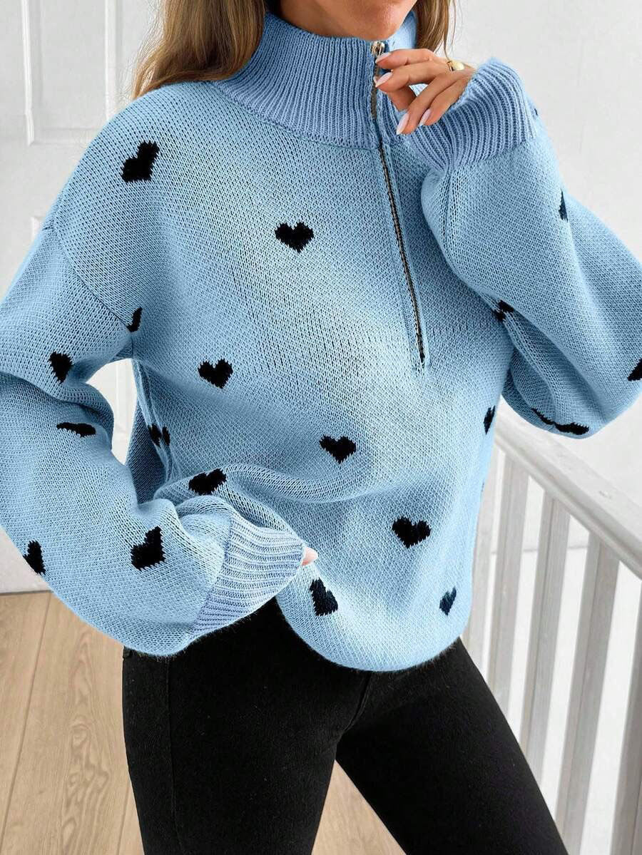 Margo & Main – heart print quarter-zip sweater, styled view, US women's sizes