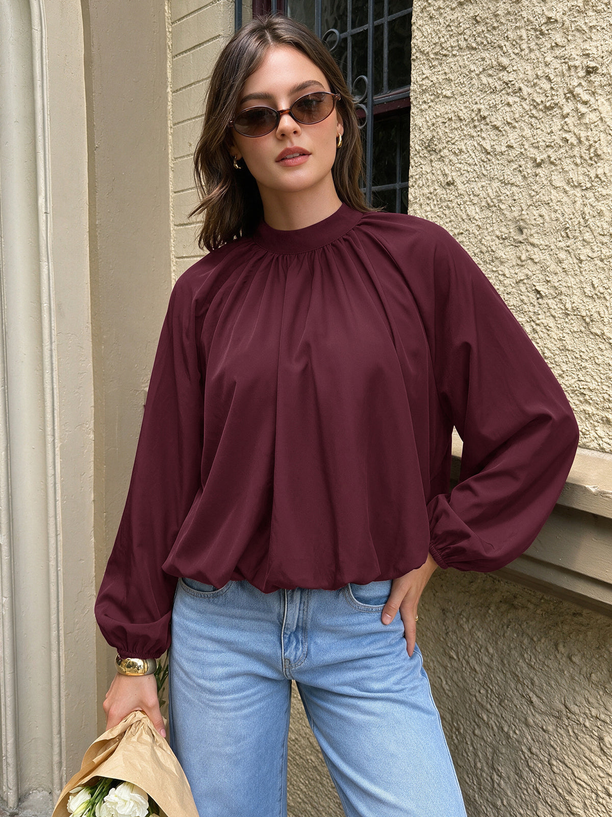 Tirzah Mock Neck Balloon Sleeve Back-Bow Blouse