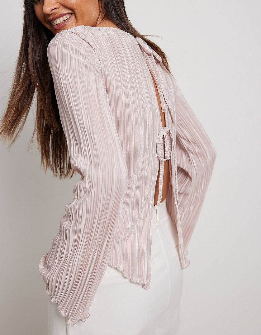 Floriana Plisse Bell Sleeve Tie-Back Blouse