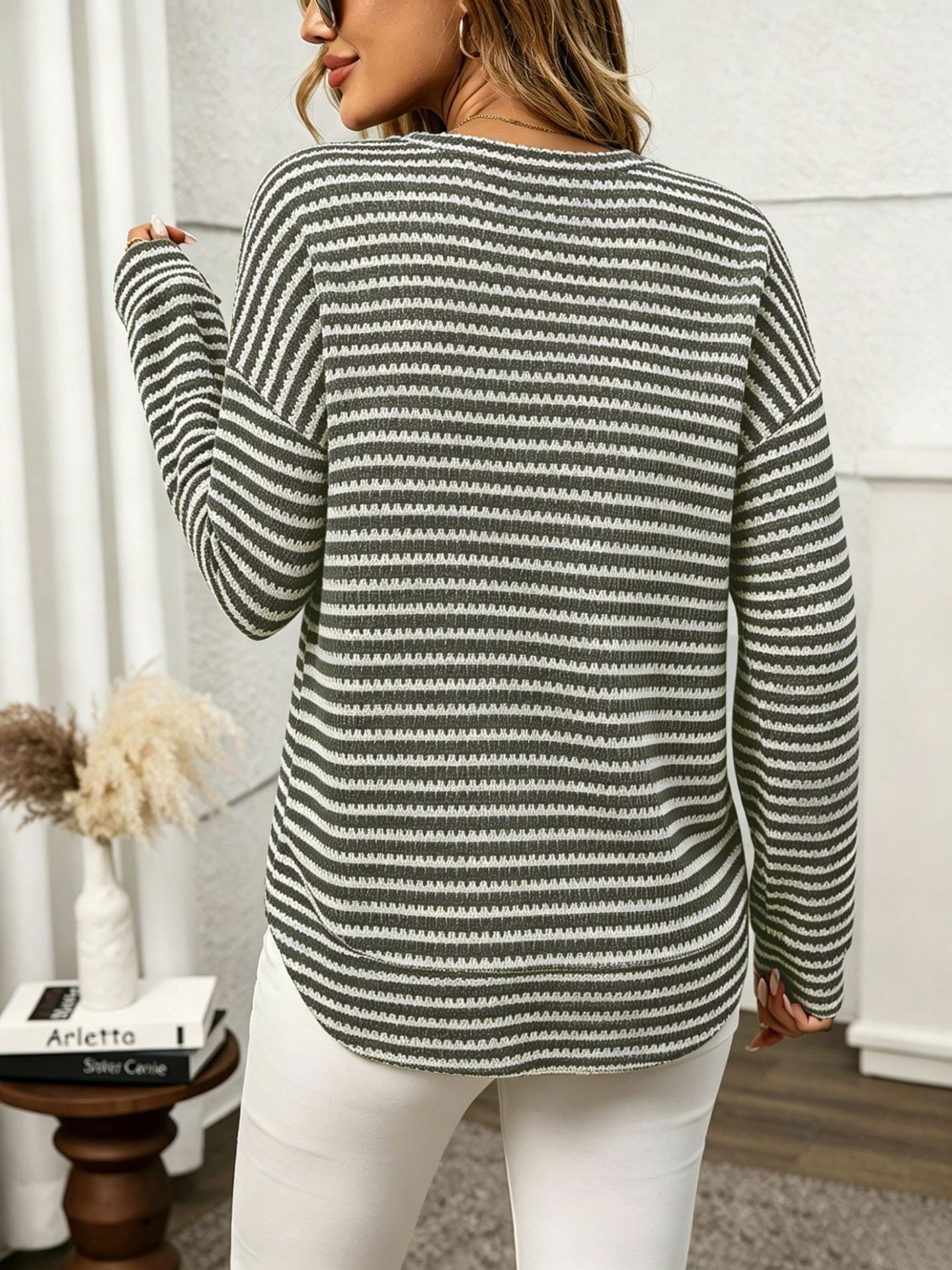Margo & Main – Alvina olive green striped waffle-knit crewneck long sleeve top, back view with the curved hem, US women's sizes