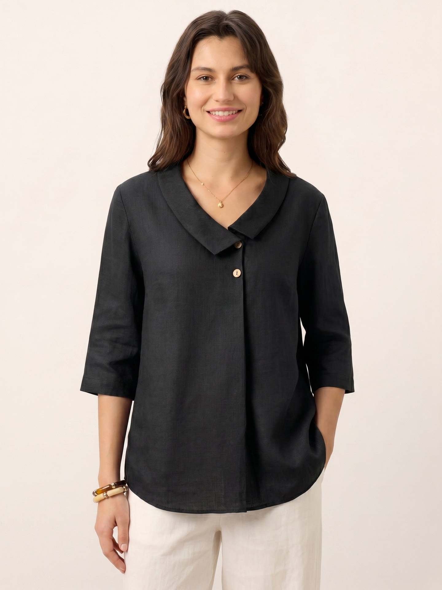 Margo & Main – Bettina black tunic blouse, front view with one button, US women's sizes