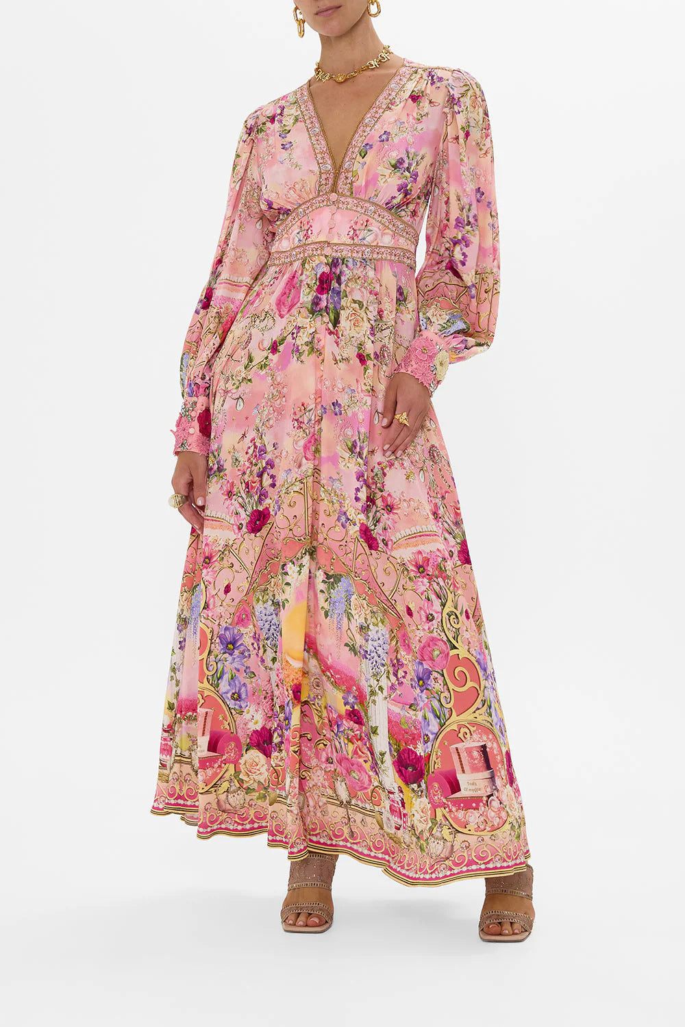 Margo & Main – floral chiffon puff sleeve maxi dress, styled view, US women's sizes