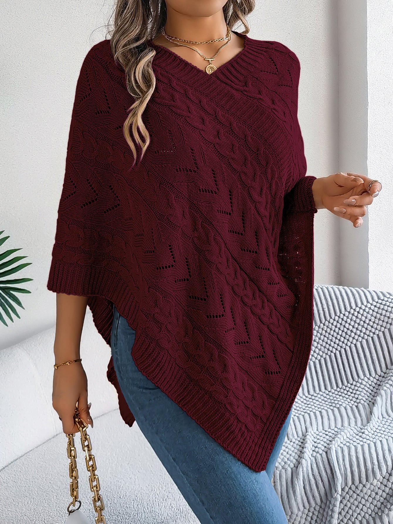 Margo & Main – cable knit v-neck cape poncho, styled view, US women's sizes