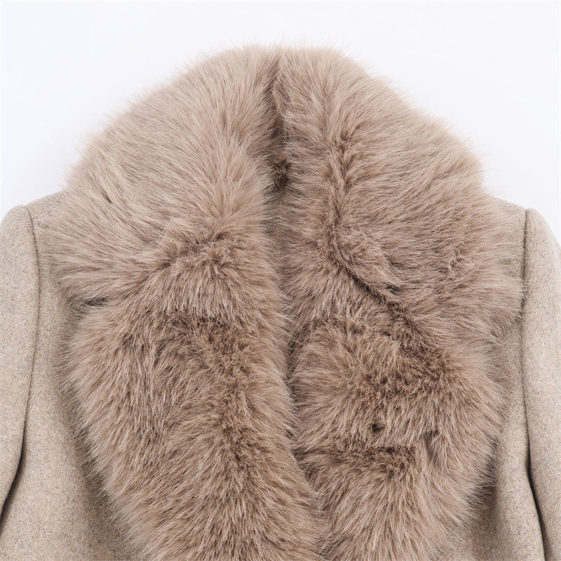 Margo & Main – faux fur collar belted wool coat, worn view, US women's sizes