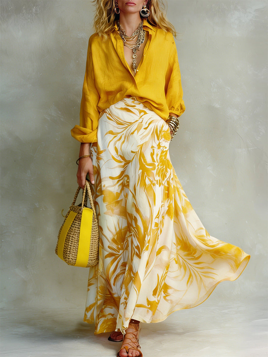 Daria Yellow Shirt & Floral Maxi Skirt Two Piece Set
